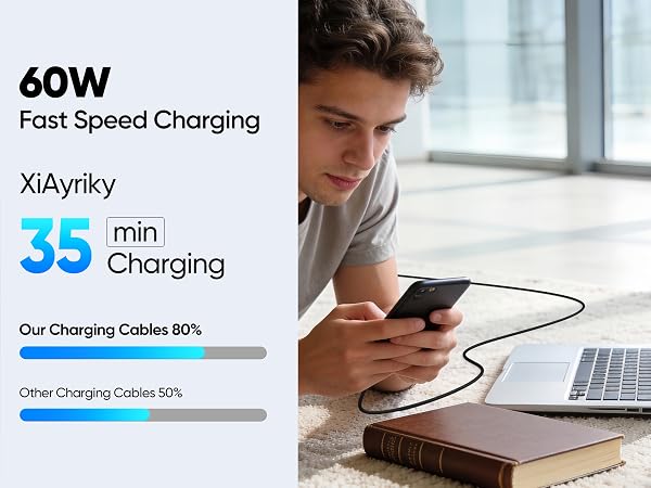 60W fast charging USB C cable, charges phone to 80% in 35 mins, faster than ordinary charging cords