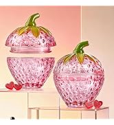 kanpura Pink Strawberry Candy Jar with Lid Small Cute Crystal Candy Dish Set of 2 Glass Decorativ...