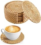 6pcs Natural Handmade Rattan Coasters with Holder - Wicker Drink Coasters Set, Housewarming Gifts...
