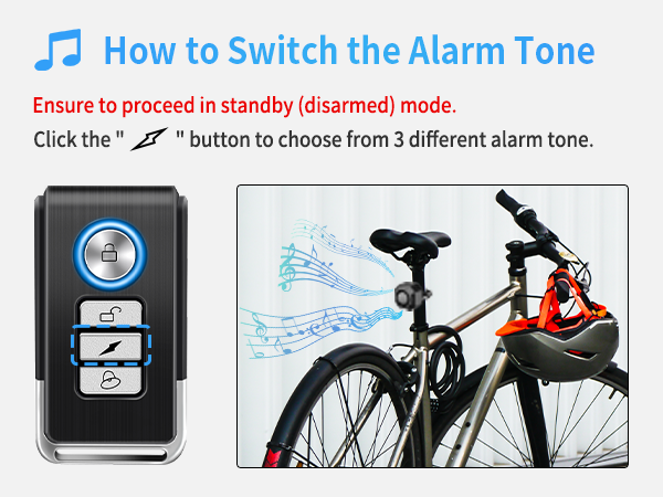 Text reads 'How to Switch the Alarm Tone' and 'Ensure to proceed in standby (disarmed) mode'. Instructional diagram showing bicycle alarm settings with button interface.