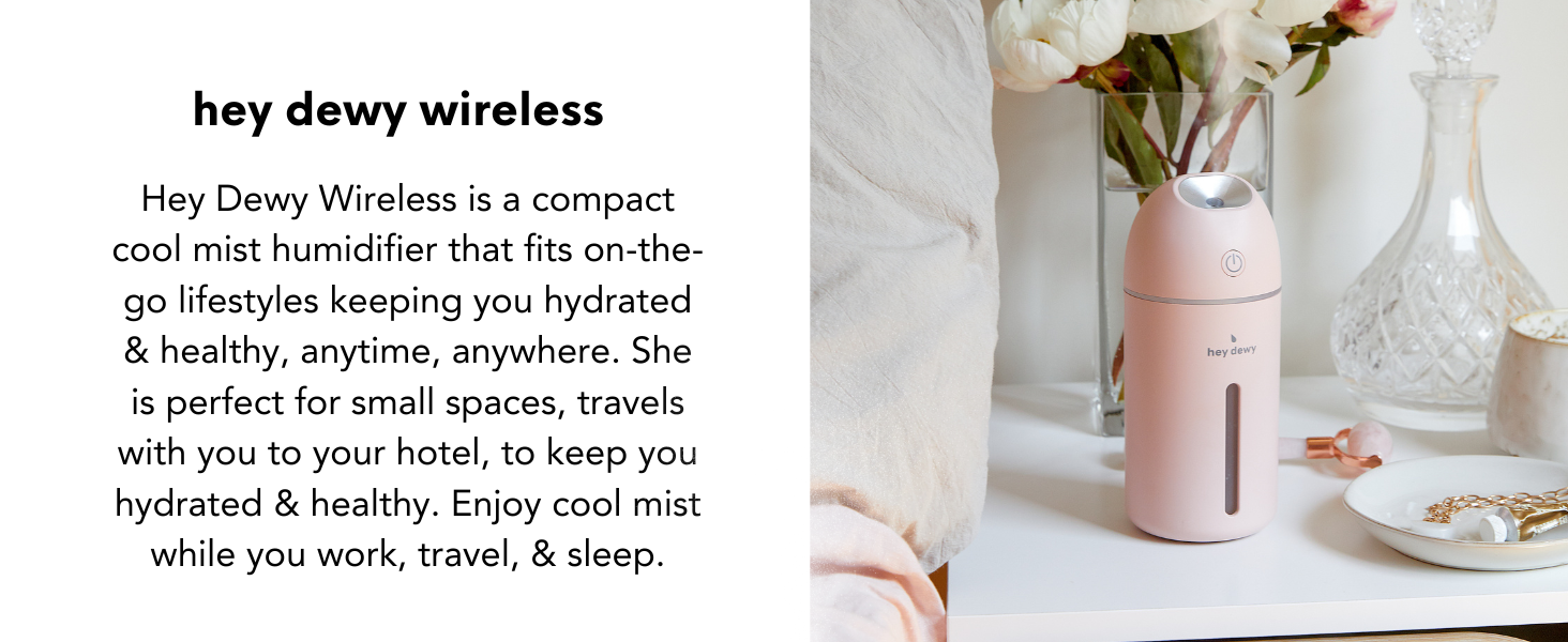 paragraph on hey dewy wireless humidifier, with a picture of a blush hey dewy and flowers