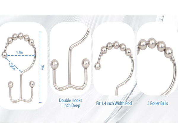 Double Glide Shower Hooks Rings, stainless steel shower curtain rings, rust resistant hooks