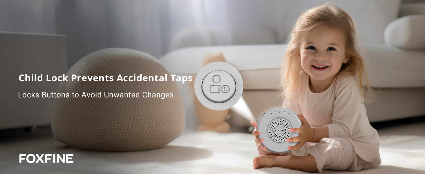 Smiling child with FOXFINE sound machine showing child lock function