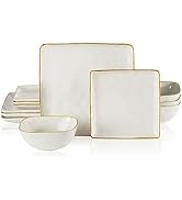 Famiware Dinnerware Sets for 4, Ocean Square 12-Piece Kitchen Plates and Bowls Sets, Microwave an...