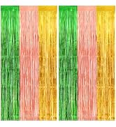 PatiCool Luau Party Decorations Thicken Tinsel Backdrop 2 Pack 3.3 x 7.05 FT, Green Brown Yellow ...