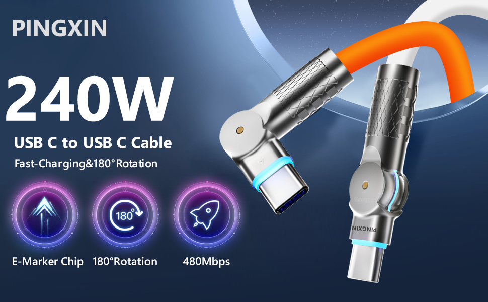 PINGXIN USB C Cable 10ft, 240W 2-Pack USB C to USB C Cable USB 2.0 480Mbps
