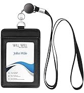 Genuine Leather ID Badge Holder with Retractable Lanyard, Retractable Badge Reel Nylon Lanyard an...