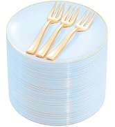 Festiva 200Pcs Blue Gold Cake Plates 6.3" with Plastic Forks 5"- Disposable Blue Dessert/Appetize...