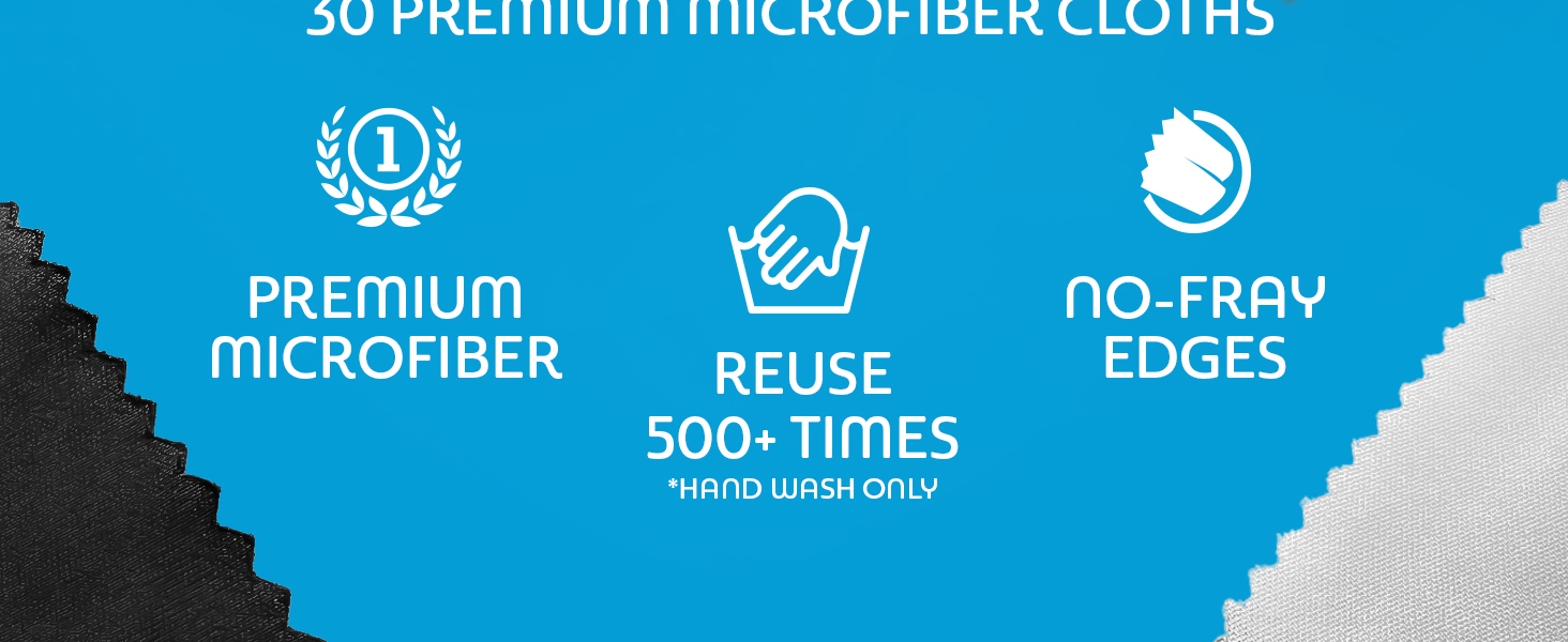 Premium Microfiber Cloths. Reuse 500 times. Non-Fray Edges