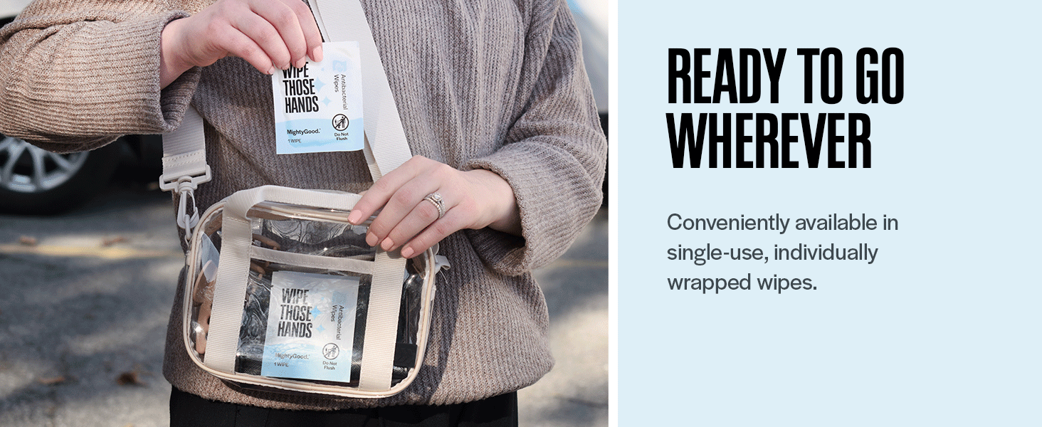 Individuall wrapped wipe pulled out of purse with headline "Ready to go whereever"