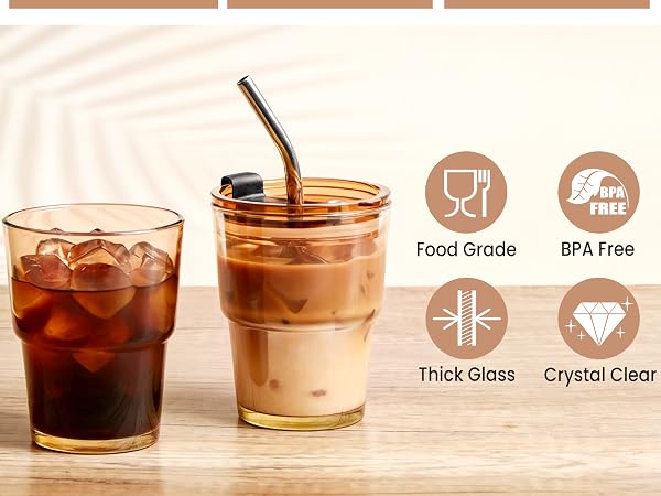Reusable Glass Iced Coffee Cups with Lids and Straws