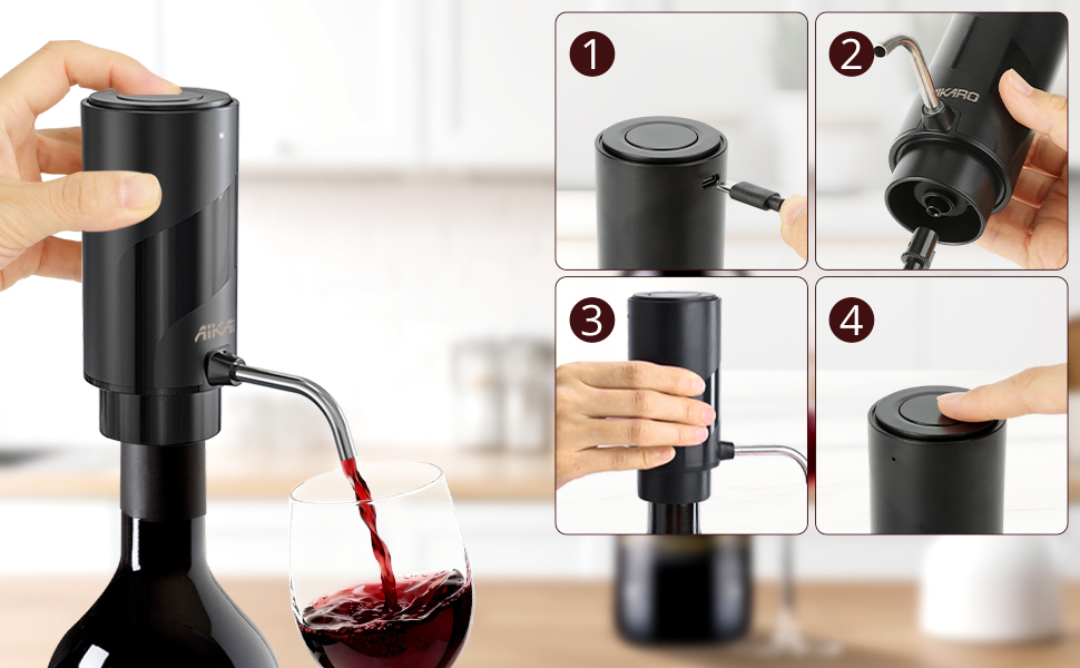 Step-by-step demonstration of using a wine aerator device, showing liquid being poured through black apparatus into wine glass.