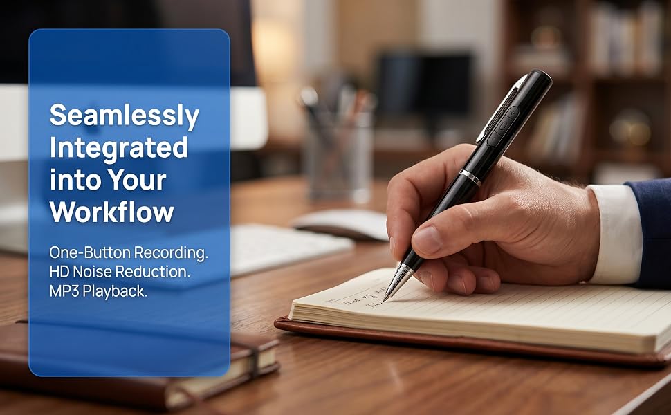 Hand writing notes with the recorder pen; noise reduction, MP3 playback for workflow integration
