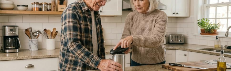 Two seniors opening a can using a can opener