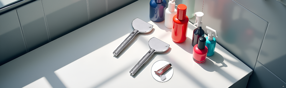 A sleek and modern bathroom counter with the product neatly arranged alongside various grooming esse