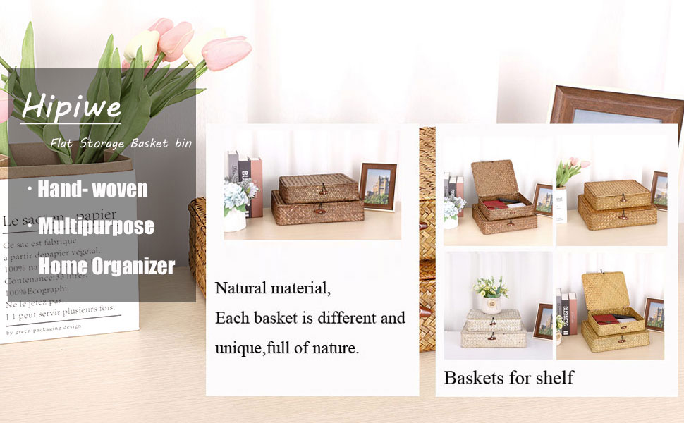 Flat Woven Wicker Storage Bins with Lid Natural Seagrass Basket Boxes Shelf Organizer
