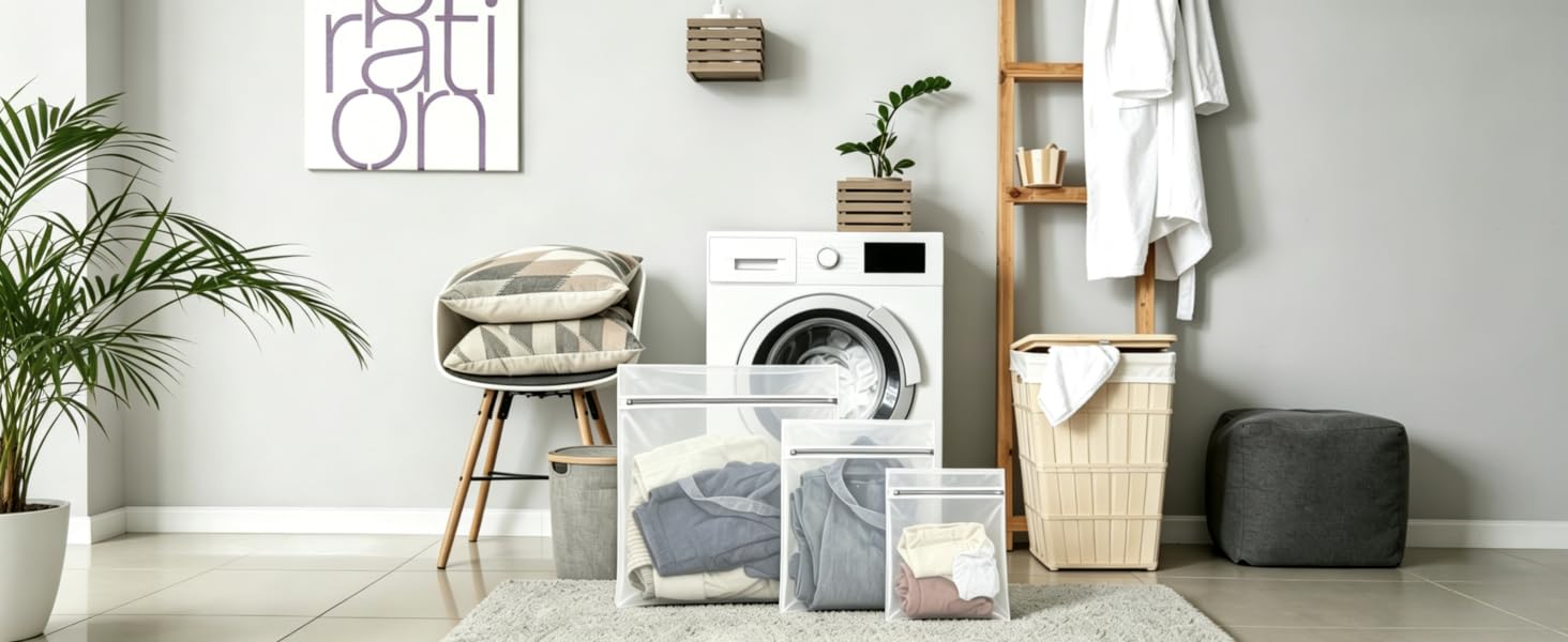 In a laundry room, there are plants and decorations on the side, laundry bags in the middle