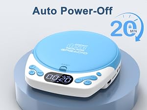Text reads 'Auto Power-Off' and '20'. Blue and white compact disc-shaped device with blue buttons and digital display. Timer or CD player with automatic shutoff feature highlighted.
