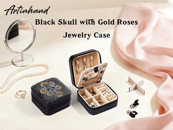 Black Skull with Gold Roses Small Travel Jewelry Case