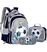Bigmeta Soccer Kids Backpack Set for Boys - 3D Pattern Bookbag & Lunch Box & Pencil Case for Pres...