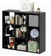 9-Cube Storage Organizer, Black Bookshelf with Open Compartments for Home Office, Modern Bookcase...