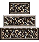 CHICNOOK 3 Piece Vintage Naturalist Kitchen Rug Set, Black Botanical Butterfly Insect Print Floor...