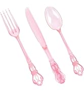 Joyido 150PCS Pink Plastic Silverware - Heavy Duty Elegant Disposable Utensils - Vintage Baroque ...