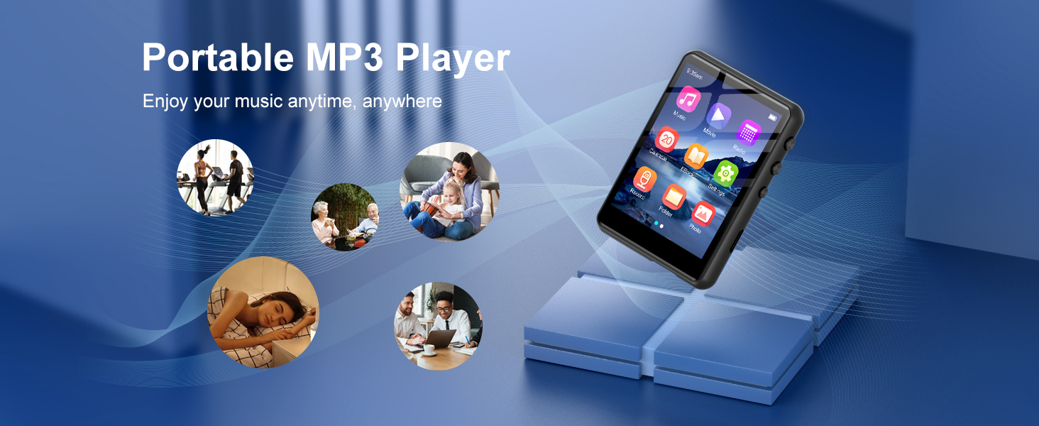 Portable MP3 player with touchscreen display showing colorful app icons. Device rests on blue surface with circular images depicting various usage scenarios surrounding it.