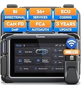 Automotive diagnostic device with touchscreen display showing menu options. Features include wireless connectivity, bi-directional control, ECU coding, and 36+ services. Device offers 3 years of updates.