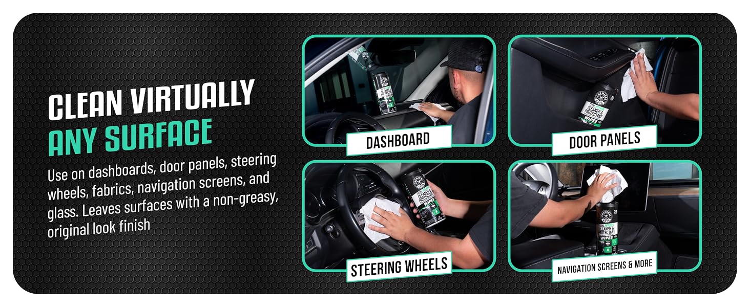 Total Interior cleaning wipes used on car dashboard, door panels, console with fresh new car scent