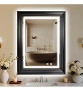 ROLOVE 24x35 Inch Antique Rectangle Wall Mirror with Lights, Ornate Waterproof Frame, Vintage Mir...