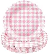 NatNarr 30 Pcs Light Pink Gingham Plates, 9 Inch Scalloped Plaid Camping Dessert Dinner Party Pla...