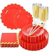 LIYH 210pcs Red Plastic Dinnerware Set - Red Plastic Scalloped Plates, Gold Foil Paper Napkins In...