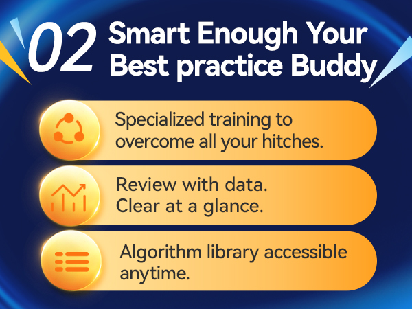 Digital advertisement featuring three orange buttons describing features: specialized training, data review, and algorithm library access. Blue background with '02 Smart Enough Your Best practice Buddy' text.