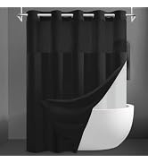 SORTTO No Hook Slub Textured Shower Curtain with Snap in Liner - Black Fabric Outer Curtain & Wat...