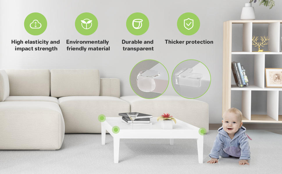 Living room with sofa and coffee table. Icons highlight product features: high elasticity, environmentally friendly, durable, transparent, and thicker protection.