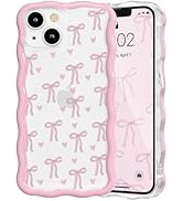 QLTYPRI for iPhone 15 Pink Bow Case, Clear Cute Pink Ribbon Bow Phone Case Curly Wavy Aesthetic P...
