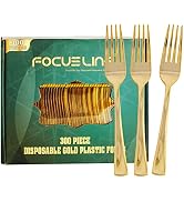 FOCUSLINE 300 Pack Disposable Gold Plastic Forks, Solid and Durable Plastic Cutlery Forks, Heavy ...