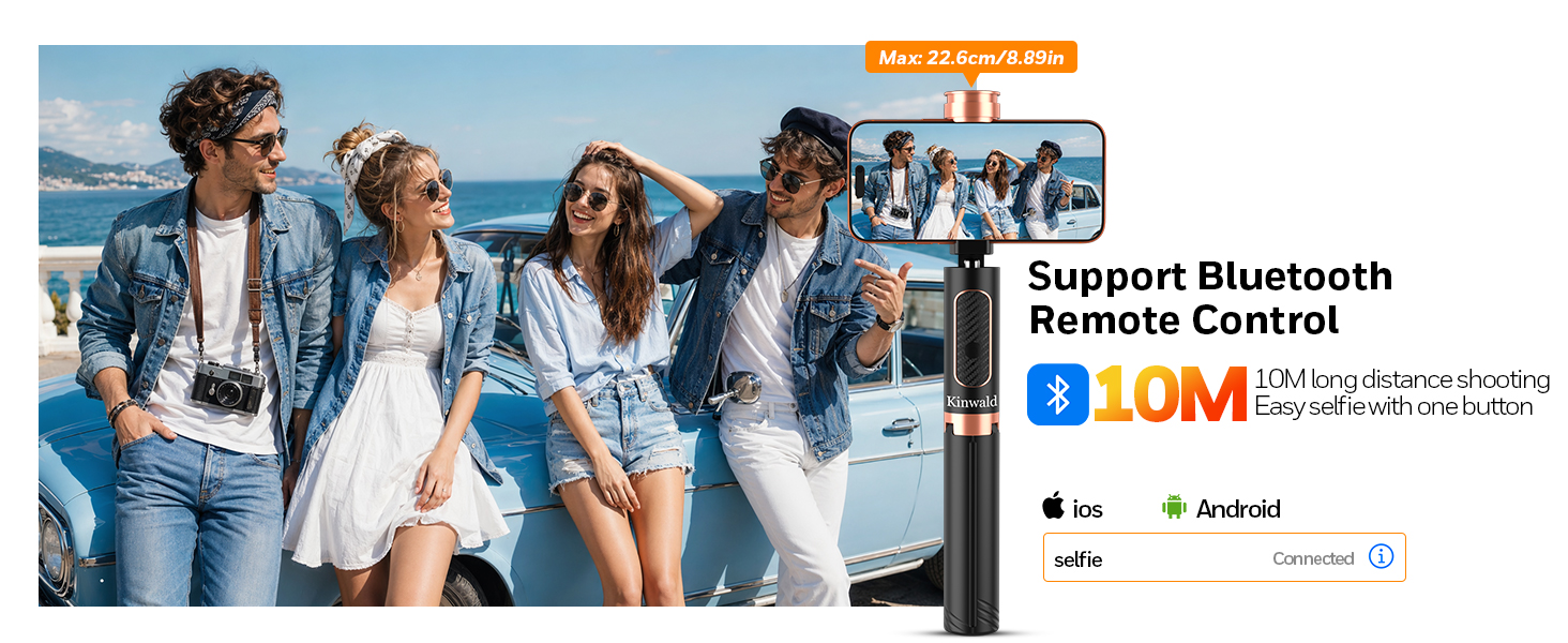 Selfie stick with Bluetooth remote control for group photos and hands-free shooting up to 10m