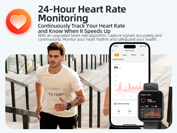 Smartwatch and smartphone displaying heart rate monitoring features. Man running outdoors wearing white t-shirt, demonstrating continuous heart rate tracking functionality.