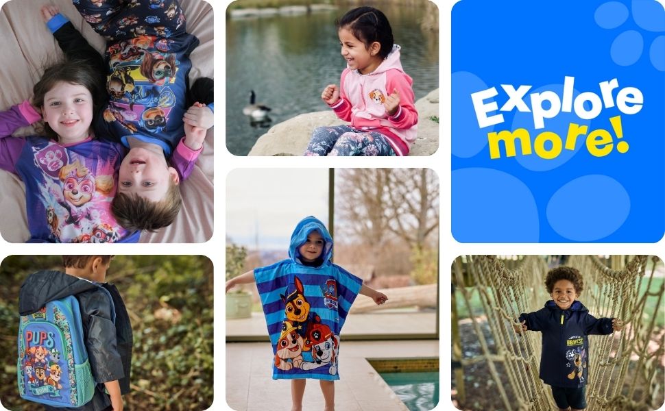 Text reads "Explore more!". Collage of outdoor activity images showing children with backpacks enjoying nature and play activities.