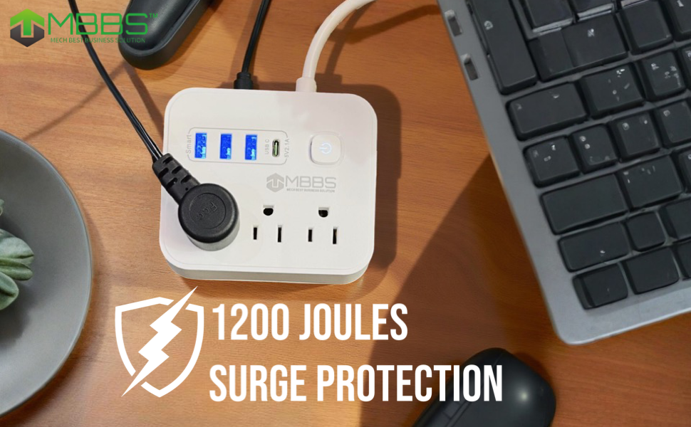 MBBS power strip with a shield icon and '1200 Joules Surge Protection