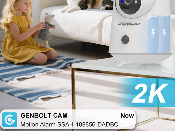 Text reads 'GENBOLT CAM Motion Alarm SSAH-186856-DADBC 2K Now'. Security camera interface showing monitor display with clear 2K resolution indicator.
