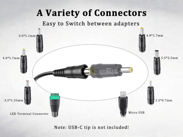 this power adapter includes 8pcs connectors that can use for various devices