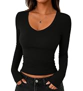 LOMON Long Sleeve Shirts for Women Deep V Neck T-Shirt Ribbed Knit Slim Fit Casual Basic Crop Top...