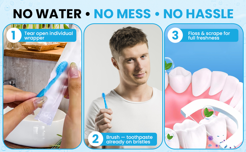 SwiftBrush travel toothbrush how-to — tear wrapper, brush with toothpaste, floss and tongue scrape