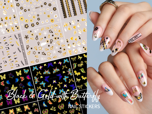 5 Sheets Butterfly Nail Stickers & 5 Sheets Black & Gold Fingernail Stickers