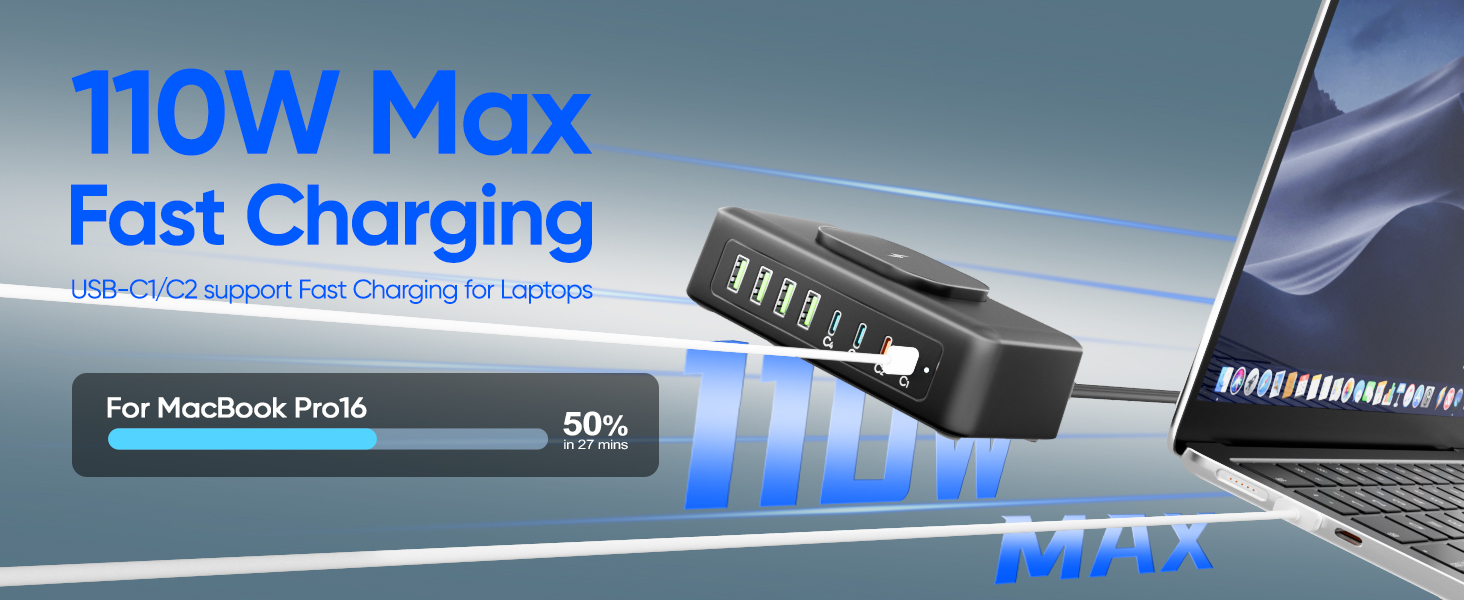 USB Charging Station, USB C Charger Block with 2AC Outlets& Wireless Charger, USB Power Strip