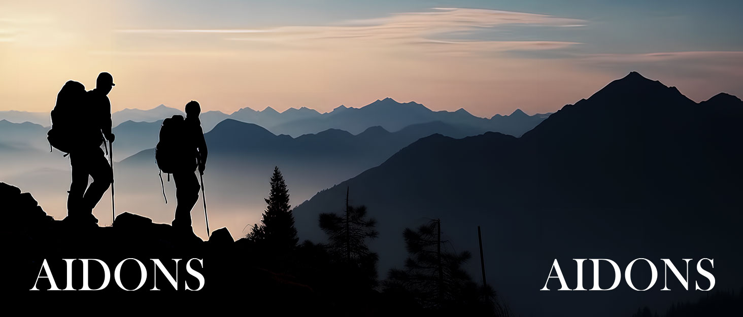 Text reads 'AIDONS'. Two silhouetted landscape scenes showing mountain ranges and trees against a dark sky.