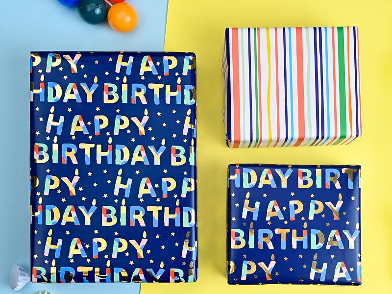 birthday wrapping paper with colorful stripe